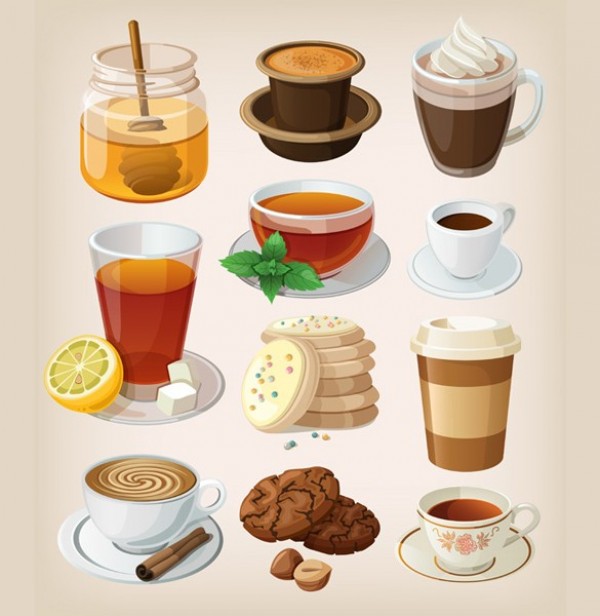 Coffee Break Delight Vector Set web vector coffee cup vector unique ui elements tea takeout stylish specialty set quality original new interface illustrator iced tea honey pot honey high quality hi-res HD graphic fresh free download free eps elements download detailed design creative cookies coffee break coffee cartoon   