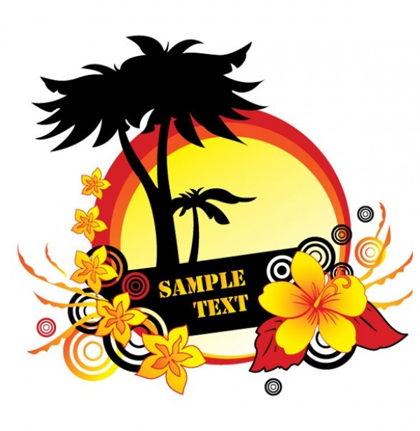 Tropical Sunset Palm Silhouette Vector Background web vector unique tropical sunset sun stylish silhouette quality palm tree original illustrator high quality hibiscus graphic fresh free download free flowers floral download design creative background   