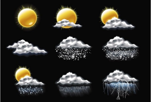 9 Vibrant Weather Climate Vector Icons Set web weather icons weather vector unique ui elements sunny sun stylish stormy raining rain quality original new lightning interface illustrator icons high quality hi-res HD graphic fresh free download free elements download detailed design creative cloudy climate   