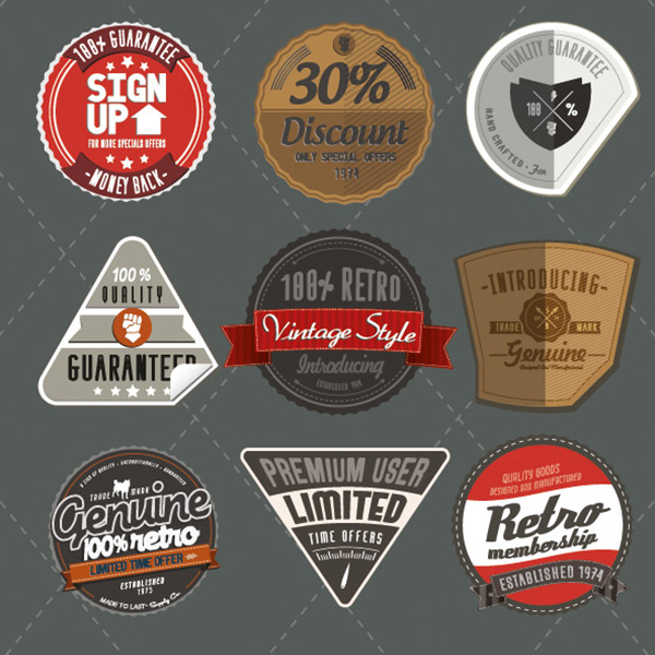 9 Retro Style Product Labels Vector Set vintage vector set sales retro labels retro product label labels guaranteed genuine free download free discount   