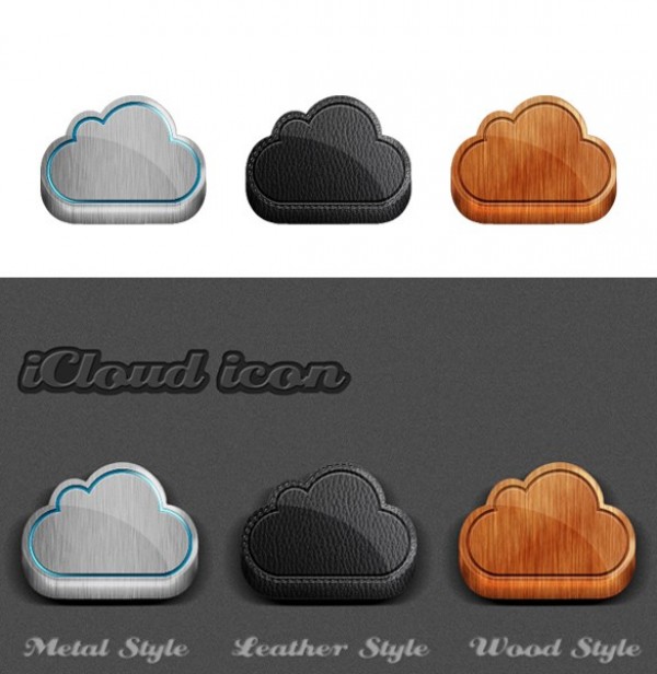 3 iCloud Icons Wood Metal Leather Set PSD/PNG wood web unique ui elements ui stylish set quality psd png original new modern metal leather interface icon icloud icon icloud hi-res HD fresh free download free elements download detailed design creative clean 3d   