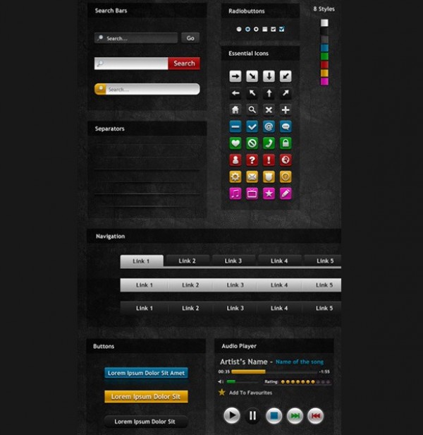 Dark Web Design UI Elements Pack PSD web unique ui elements ui stylish simple separators search fields quality original new navigation modern interface icons hi-res HD fresh free download free elements download detailed design creative clean buttons audio player   