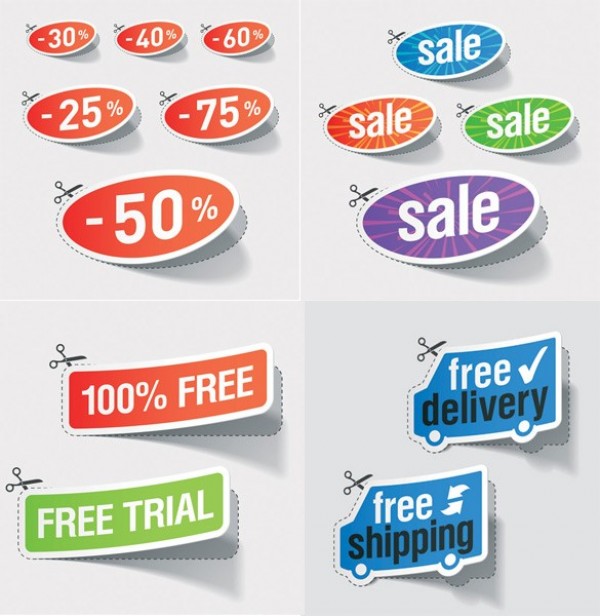 Collection of Vector Discount Sales Stickers web vector unique ui elements stylish sticker set sales stickers sales quality percent original new interface illustrator high quality hi-res HD graphic fresh free download free delivery free elements download discount detailed design cutout creative colorful   