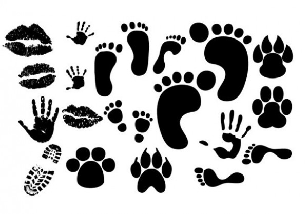 Foot Hand Kiss Paw Prints Vector Set web vector unique ui elements stylish silhouette shapes set quality prints paw print original new lips Kiss interface illustrator high quality hi-res HD hand print graphic fresh free download free footprint elements download detailed design creative ai   
