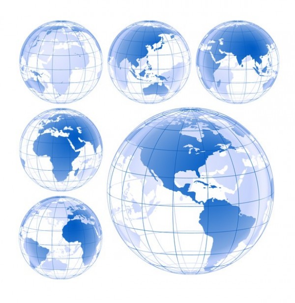 6 Clear Blue Earth Globes Vector Designs world web vector unique transparent stylish quality planet original illustrator high quality grid graphic globe fresh free download free earth download design creative blue   