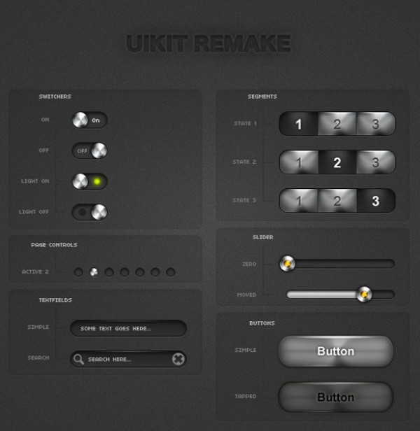 iPhone UI Kit Elements Remake PSD web unique ui elements ui text field switch controller stylish slider simple search box quality page controller original new modern metal button iphone remake iPhone elements iphone interface hi-res HD fresh free download free elements download detailed design dark creative clean button   