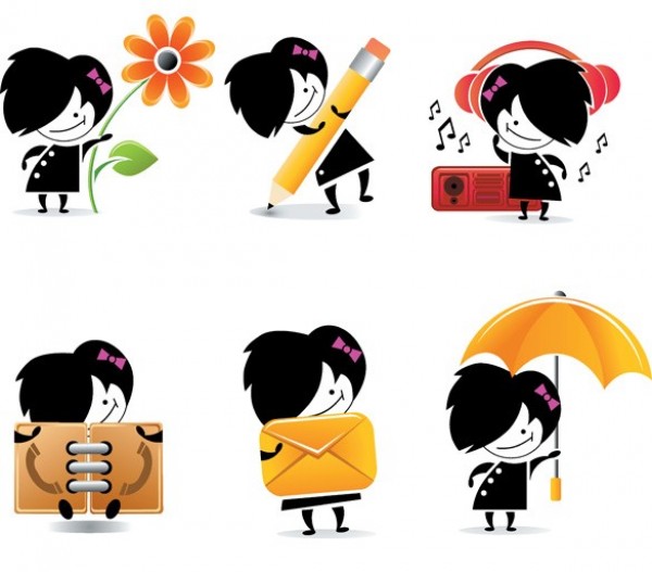 6 Cute Cartoon Girl Web Icons Vector Set web vector unique umbrella ui elements stylish quality pencil original notebook. mail new music interface illustrator icons high quality hi-res HD graphic girl icon girl fresh free download free elements download detailed design creative character cartoon   