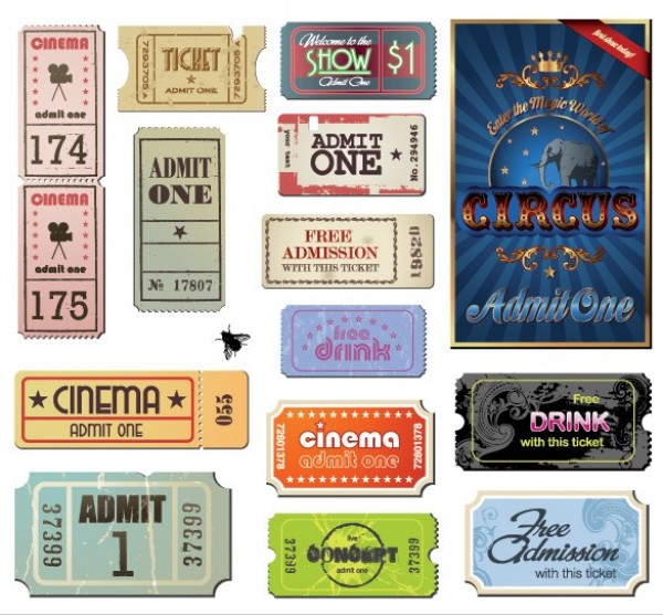 14 Vintage Movie Cinema Tickets Vector Set web voucher vintage ticket vintage vector unique ui elements ticket stylish set quality original new movie interface illustrator high quality hi-res HD graphic fresh free download free eps elements download detailed design creative circus ticket cinema ticket cinema   