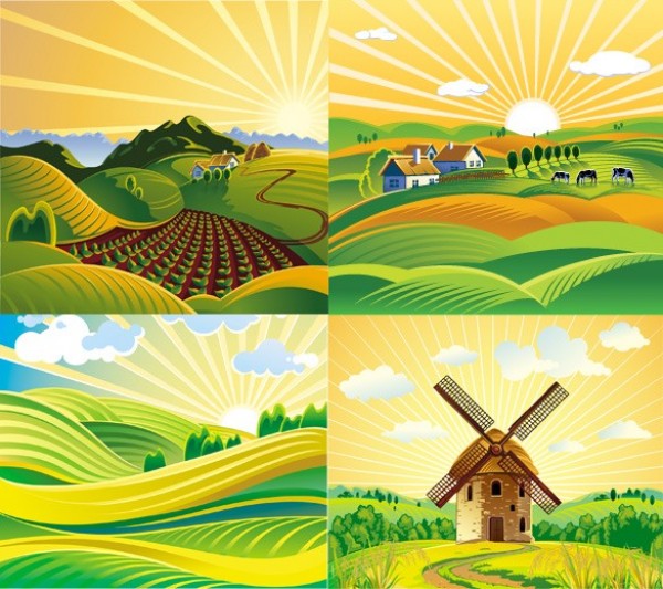 4 Sunny Countryside Vector Scenes windmill web vector unique tranquil sunny stylish scene quality original landscape illustrator hills high quality graphic fresh free download free farming farm download design creative cows countryside background   