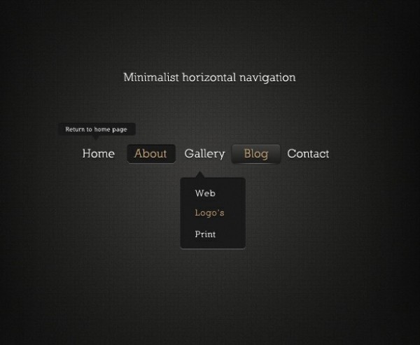 Dark Minimalist Navigation Menu PSD web unique ui elements ui tooltip stylish simple quality psd original new navigation modern minimalist menu interface inset hi-res HD fresh free download free elements dropdown download detailed design dark creative clean bar   