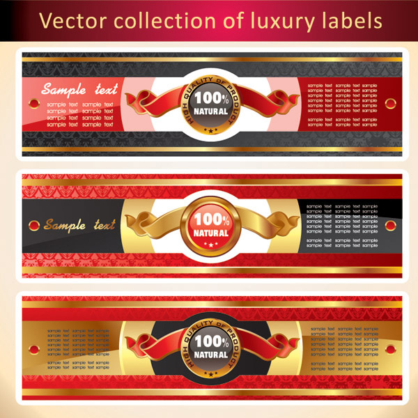 3 Luxury Banners Set with Ribbon Badges vector ribbon promotional promo luxury golden gold free download free deluxe banners badge   