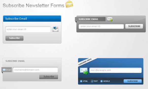 4 Clean Newsletter Subscription Forms PSD web unique ui elements ui subscription subscribe stylish simple quality original newsletter new modern interface hi-res HD grey fresh free download free form email elements download detailed design creative clean blue   