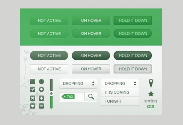 Green GUI Buttons Header Kit PSD web unique ui kit ui elements ui stylish states slider simple quality original normal new modern interface hover hi-res header HD gui kit green fresh free download free forms elements dropdown download detailed design creative content clean buttons active   