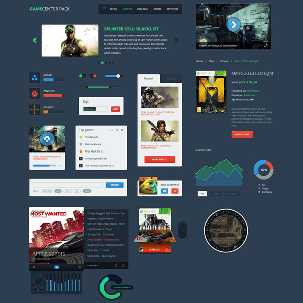 Dark Game Center UI Elements Pack video player ui elements ui toggles table tabbed boxes sliders set pack menu image slider graphs games ui games gamecenter game center elements game center free download free downloader dark   