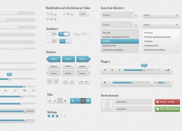 Amazing Clean Web UI Elements Kit PSD web unique ui set ui kit ui elements ui tabs switches stylish sliders set scrollbars radiobuttons quality psd players pack original new modern kit interface hi-res HD grey fresh free download free elements download detailed design creative clean checkboxes buttons blue   