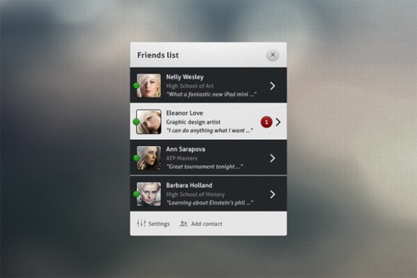 Amazing Friends List Widget Interface PSD widget web unique ui elements ui stylish status social list social quality psd popup original online new modern message interface hi-res HD friends list fresh free download free elements download detailed design creative contacts contact list widget contact list clean box   