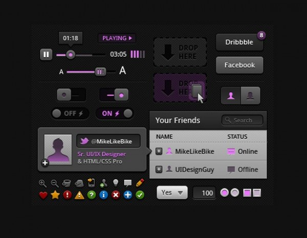 Dark Electric Web UI Elements Kit PSD web unique ui set ui kit ui elements ui tooltip switchew stylish social search sliders set quality psd original on off buttons new music player modern kit interface icons hi-res HD fresh free download free elements electric ui dropdown dropbox button download detailed design dark creative clean check boxes   