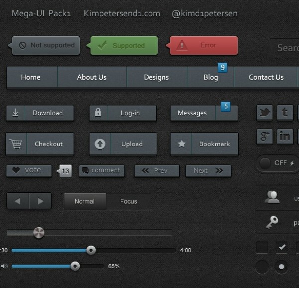 Dark Mega Web UI Elements Kit PSD web ui kit web unique ui set ui kit ui elements ui toggle switches stylish social icons slider search field radio buttons quality psd original on/off switches notifications new navigation modern login form interface icons iconic buttons hi-res HD fresh free download free elements download detailed design dark creative clean check boxes buttons   