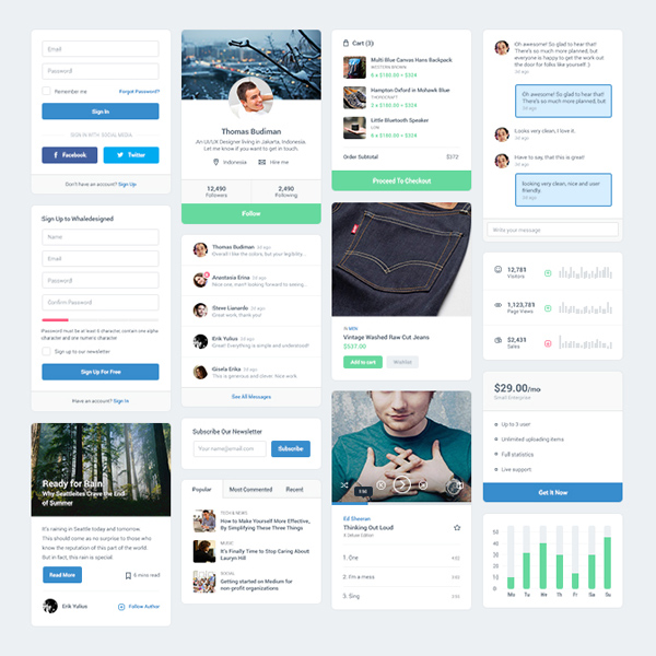 Light Mobile UI Elements Kit ux ui kit tabbed box sign up product boxes music player login content box checkout chat app   