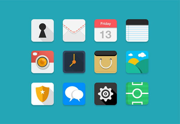 12 Colorful Flat & Rounded Icons Set ui elements ui settings set rounded pictures notes map mail icons icon free download free flat colorful clock chat camera calendar   