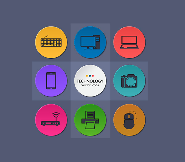 9 Colorful Round Technology Icons Set wireless vector technology tech set round phone mouse keyboard icons gadgets free flat computer colorful camera   