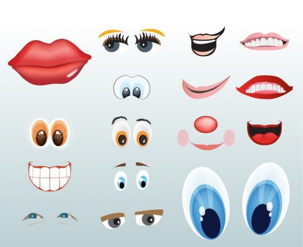 Vector Cartoon Lips Eyes & Mouths Set web vector unique ui elements Tongue teeth stylish Smiles quality original Nose new Luscious Look lips Lashes Iris interface illustrator high quality hi-res HD graphic fresh free download free face Eyebrows elements download detailed design creative Comic Book clown Cheeks character cartoon   
