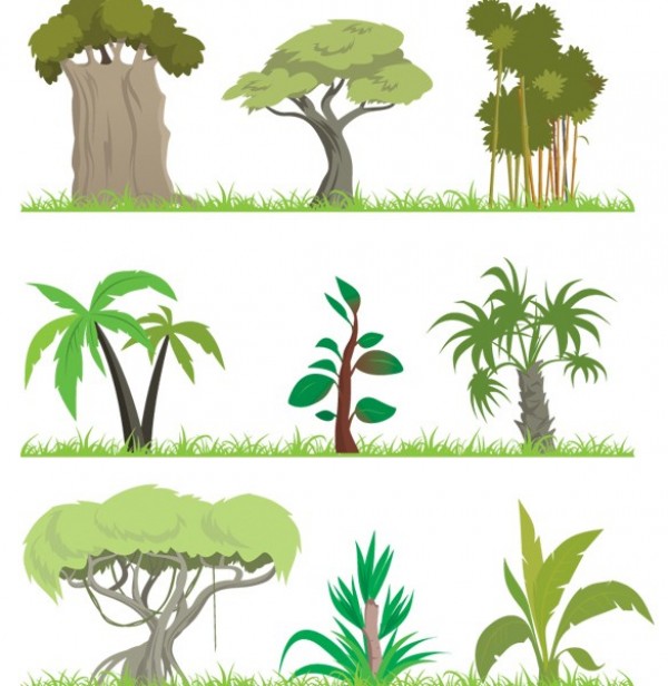 9 Jungle Trees & Grasses Vector Set web vector tree vector palm tree vector unique ui elements trees stylish set quality palm tree original new jungle trees interface illustrator high quality hi-res HD grass border grass graphic fresh free download free eps elements download detailed design creative cartoon border   