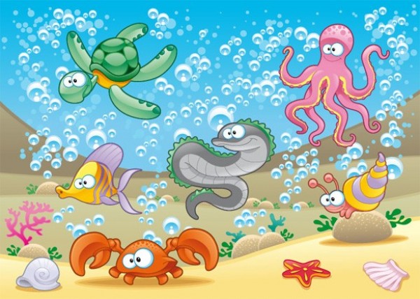 Colorful Cartoon Marine Animals Ocean Background web vector unique underwater ui elements turtle stylish starfish snake snail sea creatures quality original octopus ocean new marine lobster interface illustrator high quality hi-res HD graphic fresh free download free eps elements download detailed design creatures creative cartoon bubbles background   