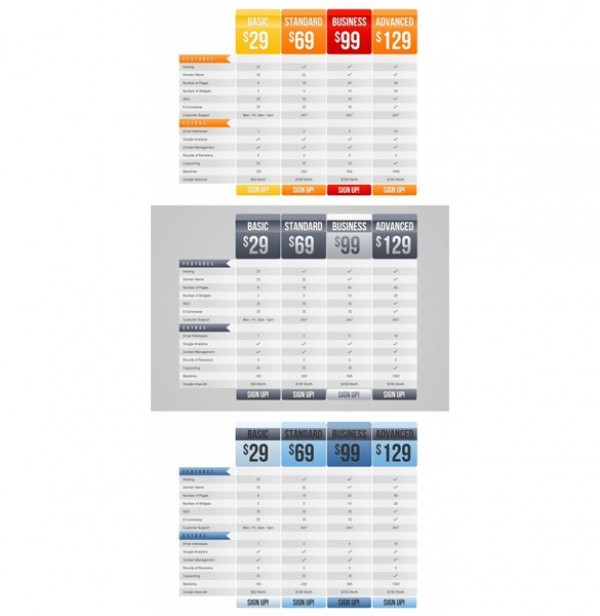 3 Business/Corporate Pricing Tables Set PSD web unique ui elements ui table stylish quality psd pricing table price panel original orange new modern interface hi-res HD grey fresh free download free elements ecommerce download detailed design creative corporate comparison clean business box blue   