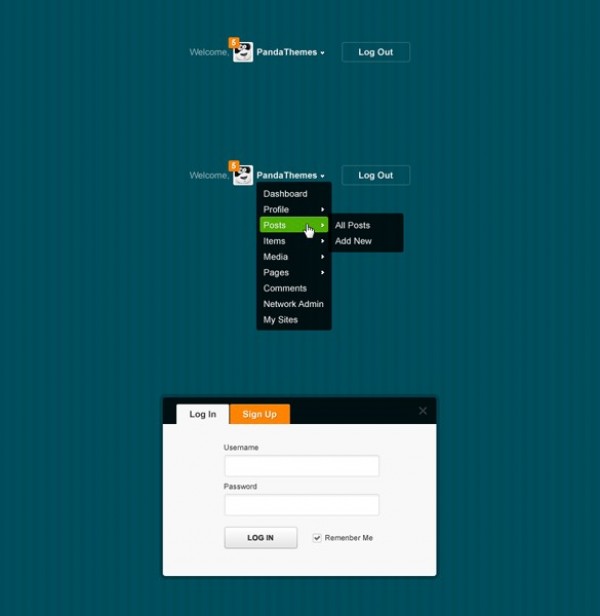 Classy Login Box & Logged In Menu Set PSD web vertical menu unique ui elements ui stylish quality psd panel original new navigation modern menu login form login logged in menu interface hi-res HD fresh free download free form elements download detailed design creative clean box   