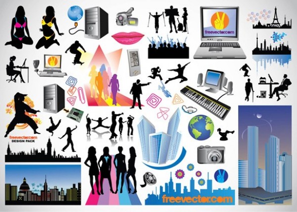 Our Modern World Silhouettes Vector Graphics web vector unique ui elements stylish skyscraper silhouettes quality people original office new keyboard interface illustrator high quality hi-res HD graphic girls fresh free download free elements download detailed design dancing creative computer city skyline city camera action   