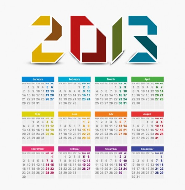 Colorful 2013 Year Vector Calendar yearly year web vector unique ui elements stylish quality original new months interface illustrator high quality hi-res HD graphic fresh free download free eps elements download detailed design creative colorful calendar 2013 2012 calendar   