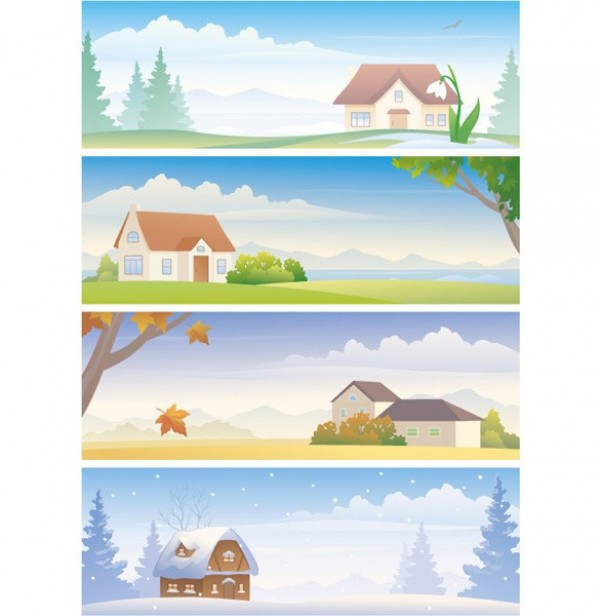 4 Season Country Home Scene Vector Backgrounds vector unique trees stylish snow sky seasons quality original mountains leaves illustrator house high quality graphic free download free four seasons fly flowers download creative birds background   