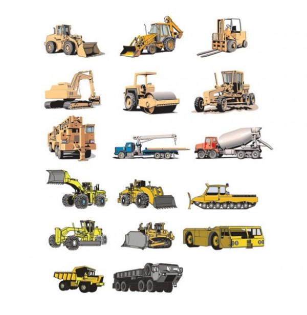 17 Heavy Equipment Vector Vehicles web vector unique tractors stylish quality original loaders illustrator icons high quality heavy machinery heavy equipment graphic graders fresh free download free earth movers download design creative cranes cement trucks cdr   
