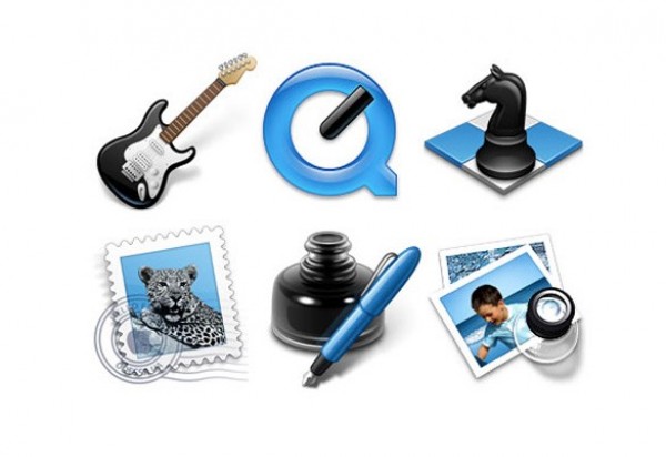 6 Black/Blue Mac OS X App Icons Set web unique ui elements ui stylish quick time player quality preview png pages osx os x original new modern mail mac interface icons hi-res HD garageband fresh free download free elements download detailed design creative clean chess blue black   