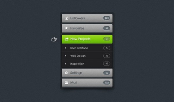 Showy Crisp Vertical Dropdown Menu PSD web vertical menu unique ui elements ui submenu stylish quality psd. navigation original new modern menu interface icons hi-res HD grey green gray fresh free download free elements dropdown menu dropdown download detailed design creative counters clean black   