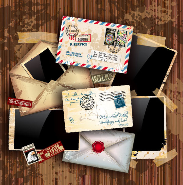 Old Grungy Letters & Postcards Illustration vintage vector tapes stamps postcards postal postage polaroid photos old letters grunge free download free background   