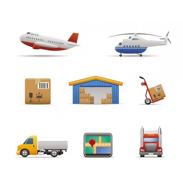 8 Shipping Transport Vector Icons Set web warehouse vector unique ui elements trucks transport stylish shipping box quality original new interface illustrator icons high quality hi-res helicopter HD graphic GPS fresh free download free elements download dolly detailed design creative airplane   