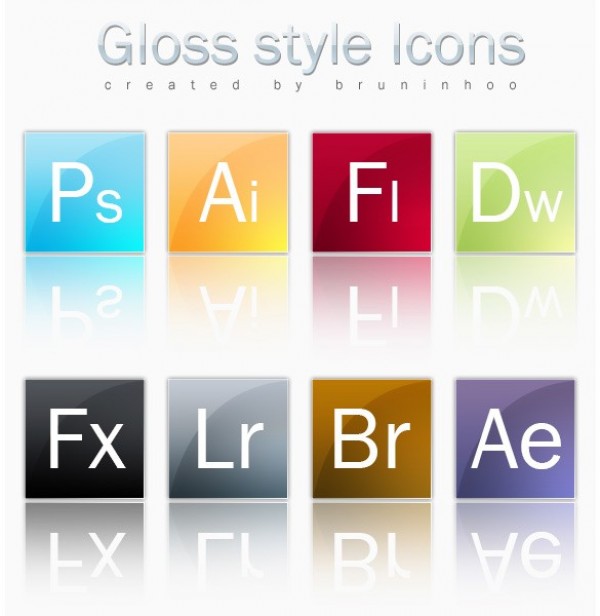 8 Glossy Adobe Themed Icons Set PSD web unique ui elements ui stylish simple quality program file icons original new modern interface icons hi-res HD glossy fresh free download free elements download detailed design creative clean Adobe icons   