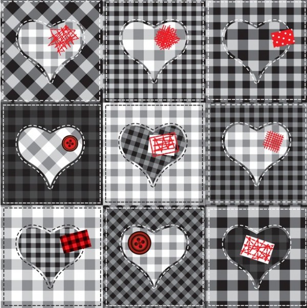 Patchwork Gingham Hearts Vector Background web vector valentines unique stylish quilt quality print pattern patchwork original illustrator high quality hearts graphic gingham fresh free download free eps download design creative black and white background   