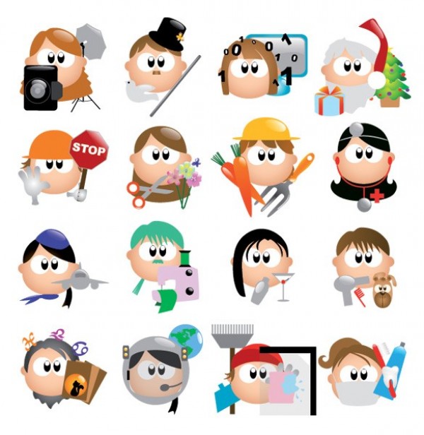 16 Cartoon Style Occupation Vector Icons Set workers web vector unique ui elements tailor stylish set quality people original occupation new magician interface illustrator icon high quality hi-res HD graphic gardener fresh free download free florist flight attendant flagman elements download doctor detailed design dentist creative astronaut   