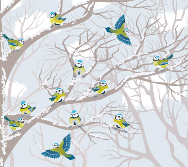 Pretty Winter Birds in Tree Background yellow winter web vector unique ui elements tree stylish snow scene quality original new interface illustrator high quality hi-res HD graphic fresh free download free eps elements download detailed design creative blue birds blue birds background background ai   