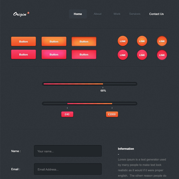 Orange Origin Web UI Elements Kit ui set ui kit ui elements sliders search field round red orange menu input field free download free download dark buttons black   