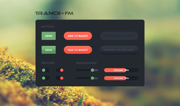Trance FM Elements Kit vector ui set ui kit trance fm trance toggles switches sliders progress bars free download free checkout button buttons   
