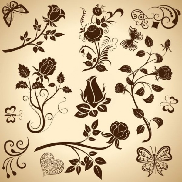 Exquisite Roses and Butterflies Vector Elements web vintage vector unique ui elements stylish roses retro quality original new interface illustrator high quality hi-res heart HD graphic fresh free download free flower floral elements download detailed design creative butterfly butterflies   