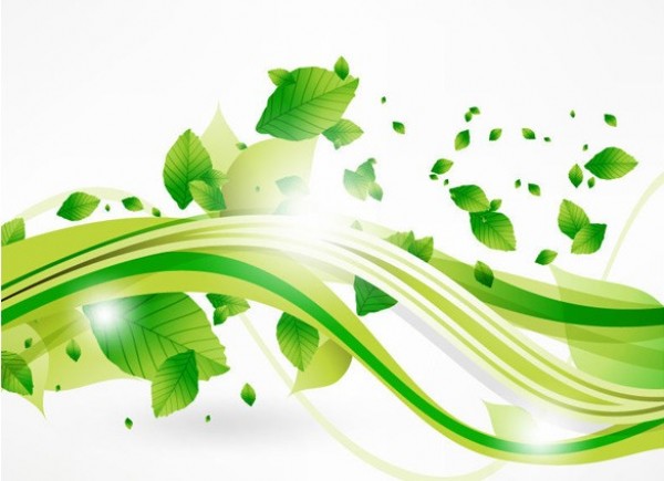 Green Flying Leaves & Waves Vector Background web wave vector unique stylish quality original new nature leaves illustrator high quality green graphic fresh free download free flying eps eco download design creative background abstract   