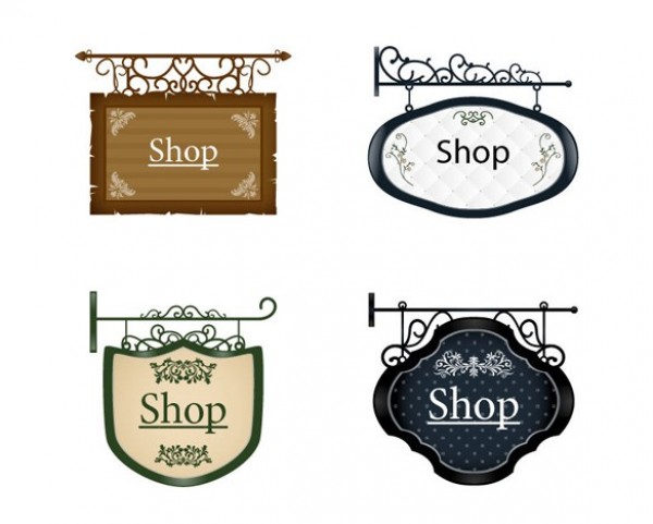4 Quaint Vintage Hanging Shop Signs Set wrought iron web vintage sign vintage vector unique ui elements stylish store sign signboard sign shop sign set scroll quality quaint original new interface illustrator high quality hi-res HD hanging sign hanging graphic fresh free download free eps elements download detailed design creative   