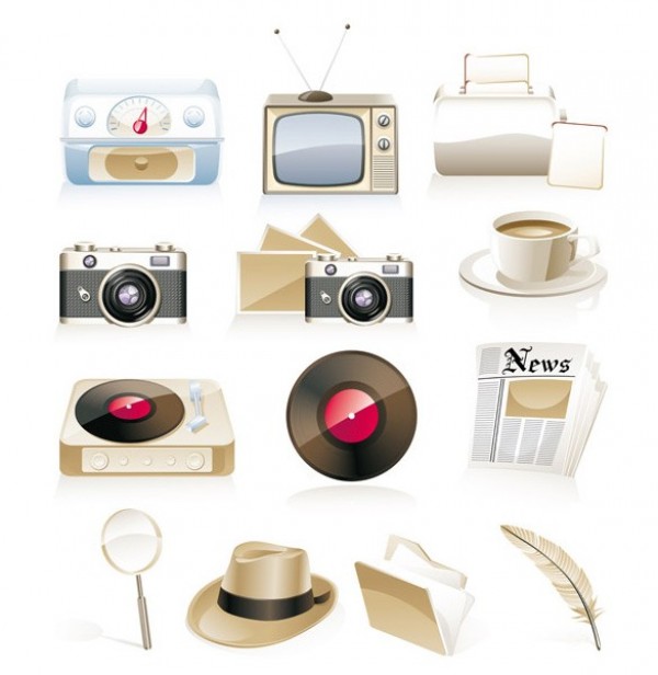 13 Nostalgia Theme Vector Icons Set web vector unique ui elements stylish retro record player quality pictures original old tv old radio old hat old camera nostalgia newspaper new memories interface illustrator icon high quality hi-res HD graphic fresh free download free feather elements download detailed design creative coffee   