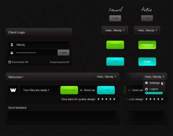 Awesome Dark Web UI Elements Kit PSD 11753 web unique ui set ui kit ui elements ui stylish states star rating quality psd original new modern login form login interface hi-res HD fresh free download free elements download detailed design dark creative client login clean buttons   