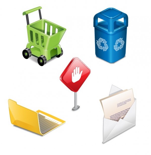 5 Bright Plastic Icons Vector Set web vector unique stylish stop sign shopping cart quality original new modern mail illustrator icons high quality graphic garbage fresh free download free folder download design creative cart   